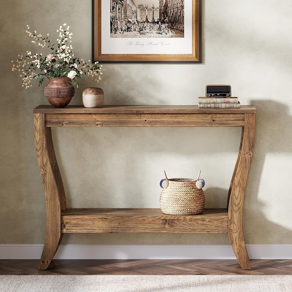 Stolik konsolowy z litego drewna 105 cm – stolik do przedpokoju w stylu farmhouse z półkami
