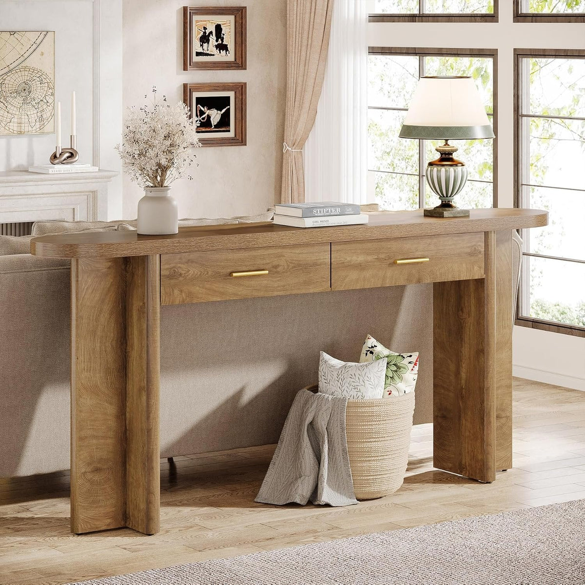Stolik konsolowy 160 cm – owalny, zakrzywiony stolik do przedpokoju w stylu farmhouse z 2 szufladami