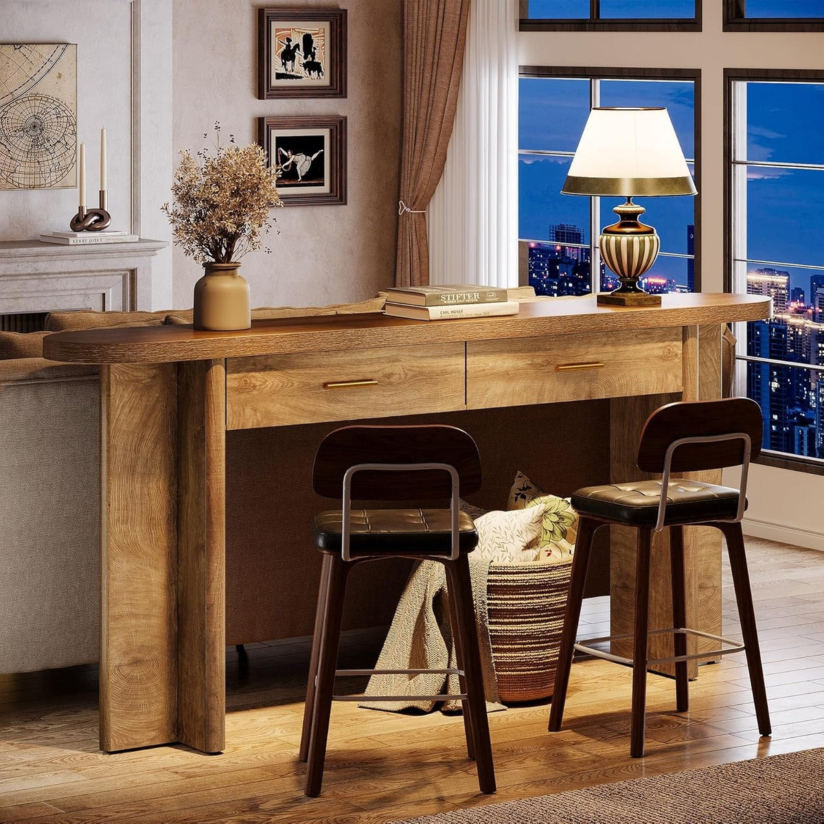 Stolik konsolowy 160 cm – owalny, zakrzywiony stolik do przedpokoju w stylu farmhouse z 2 szufladami
