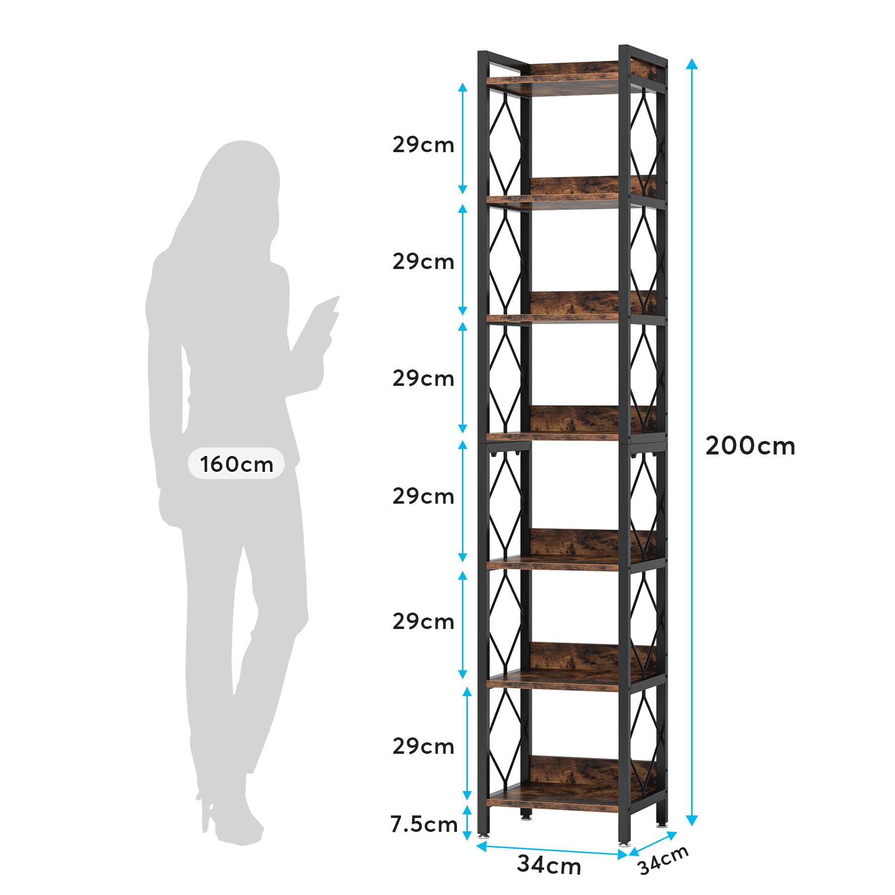 Wąski regał 200 cm – 7-poziomowa wolnostojąca półka ekspozycyjna do małych przestrzeni