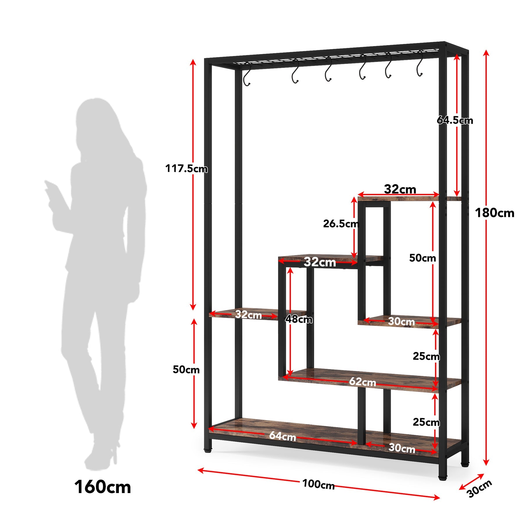 Stojak na rośliny 180 cm – 5-poziomowa półka na kwiaty i bonsai z haczykami w kształcie litery S do wnętrz