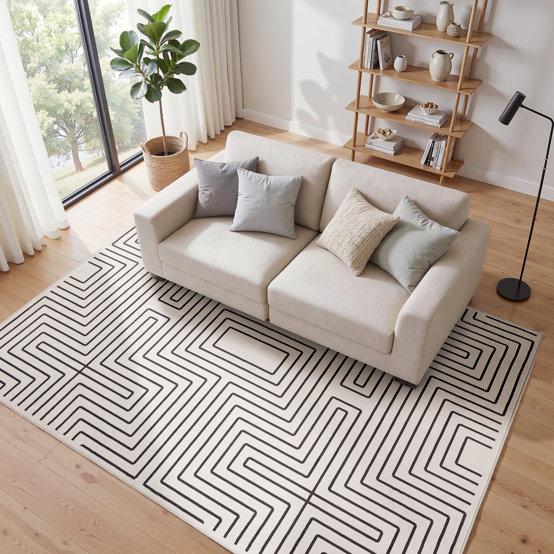 Tappeto a pelo corto con motivo geometrico#Colore_Beige