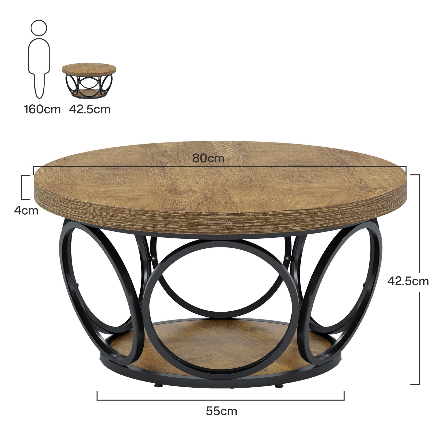Okrągły stolik kawowy 2-poziomowy 80 cm z metalową ramą do salonu