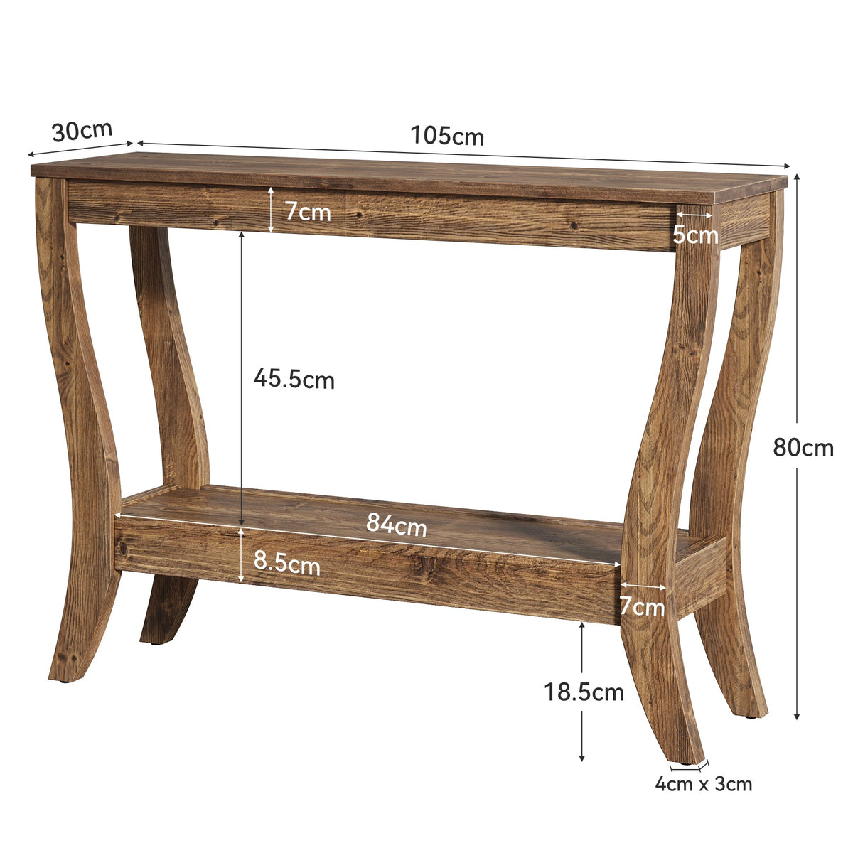 Stolik konsolowy z litego drewna 105 cm – stolik do przedpokoju w stylu farmhouse z półkami