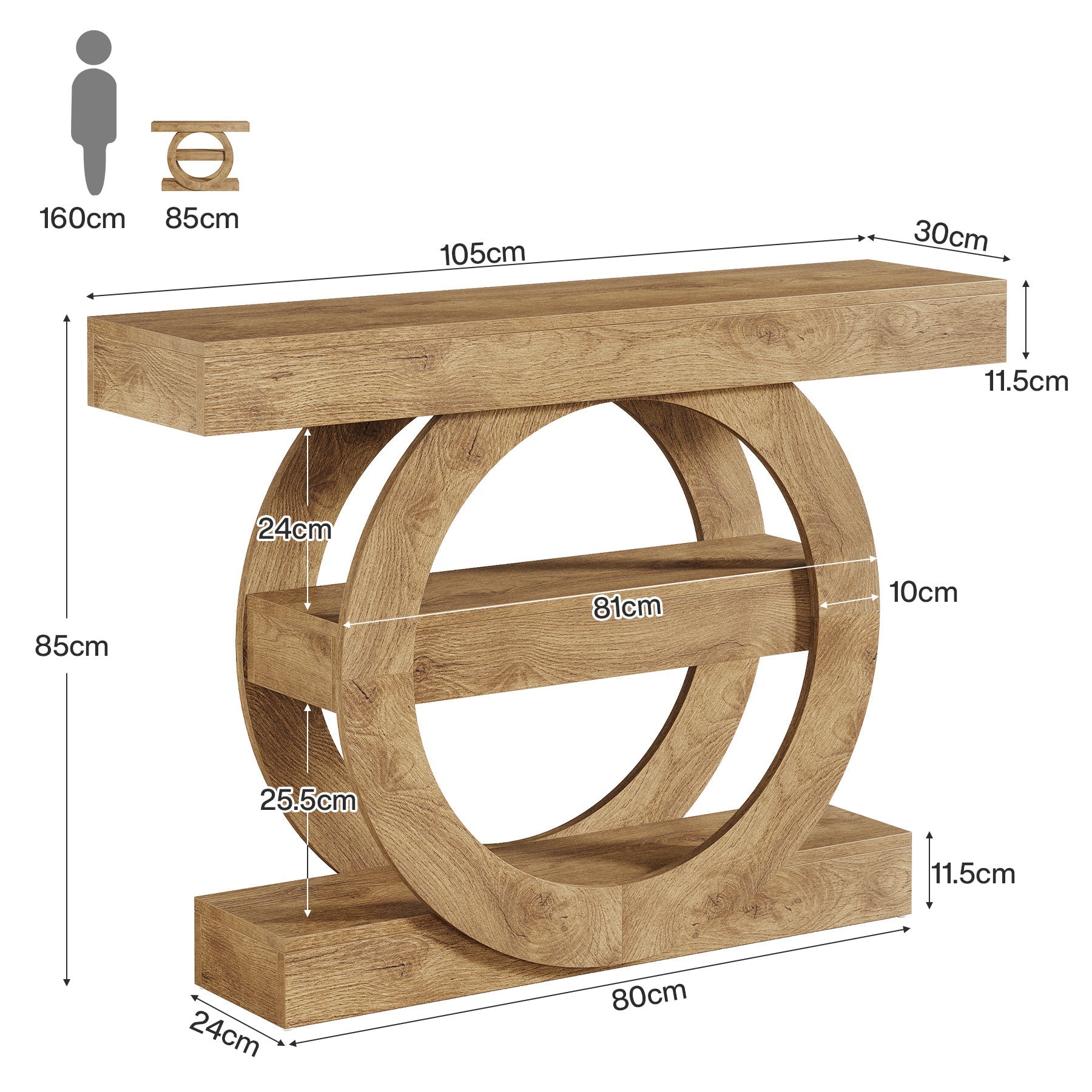 Stolik konsolowy 105 cm w stylu farmhouse z półkami – 3-poziomowy, do przedpokoju i salonu