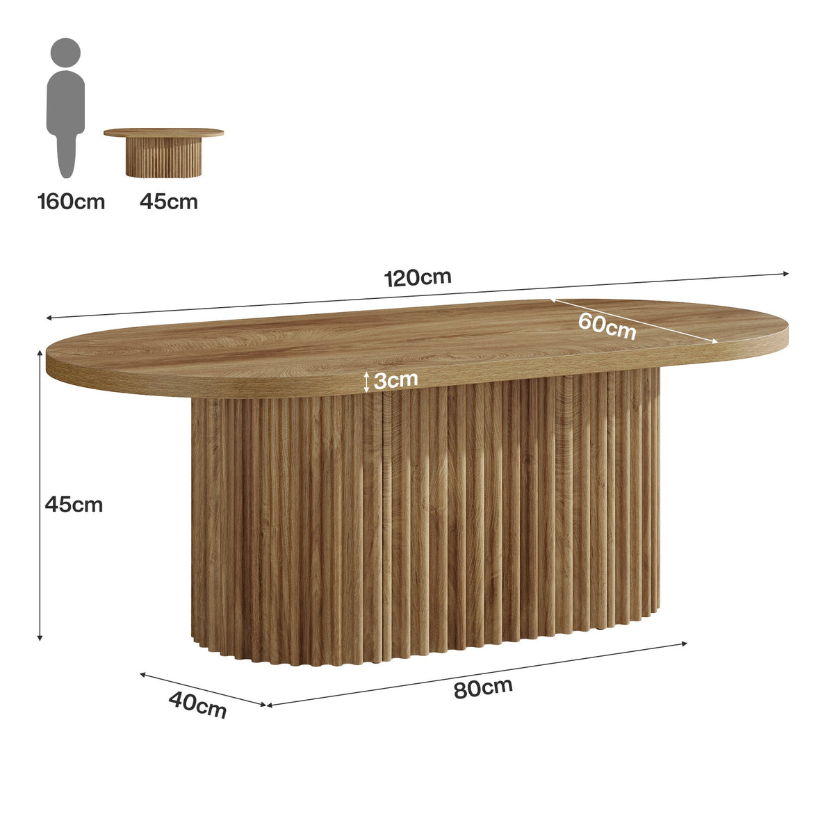 Owalny stolik kawowy 120 cm – stolik centralny w stylu farmhouse z żłobkowanym wzornictwem