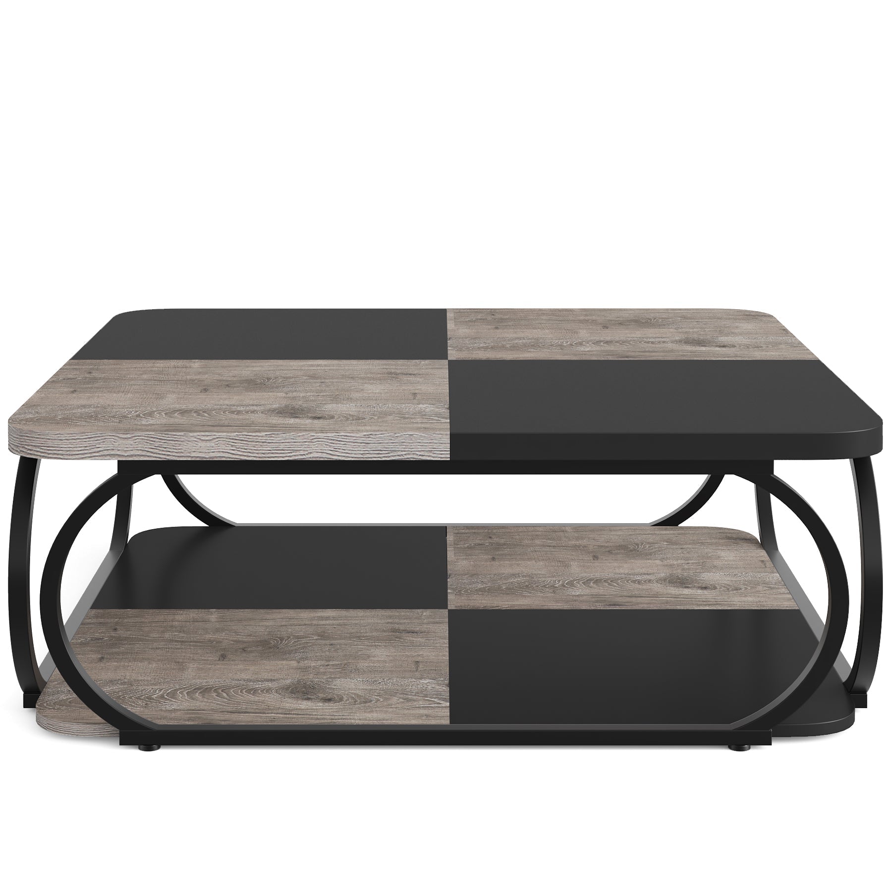 Kwadratowy stolik kawowy 100 x 100 x 50 cm – 2-poziomowy stolik centralny z półkami do salonu