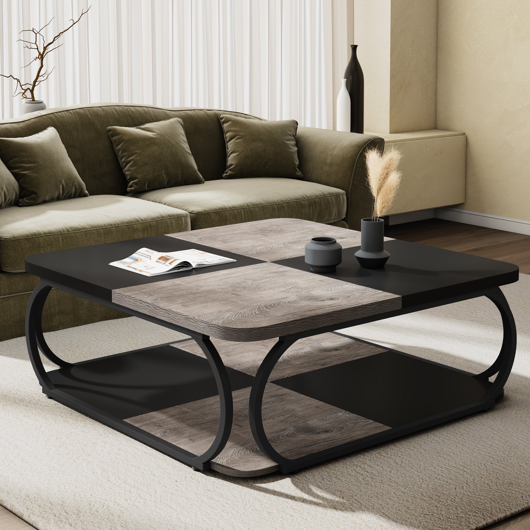 Kwadratowy stolik kawowy 100 x 100 x 50 cm – 2-poziomowy stolik centralny z półkami do salonu
