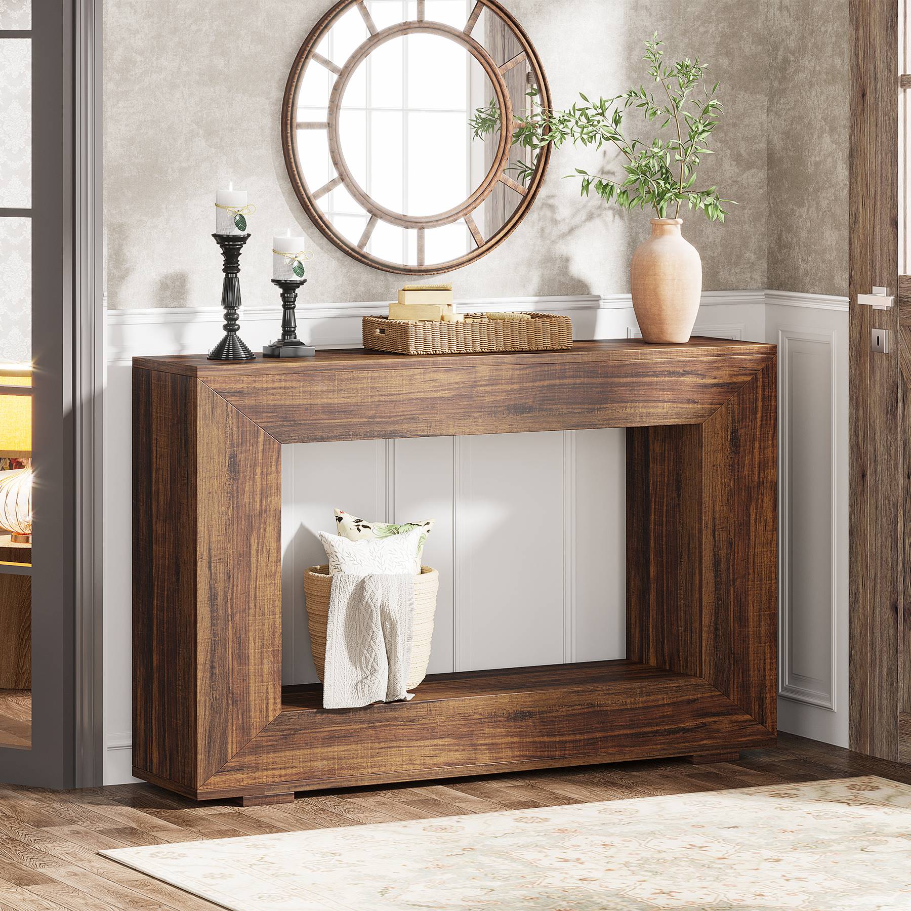 Stolik konsolowy 120 cm w stylu farmhouse – stolik do przedpokoju z miejscem do przechowywania