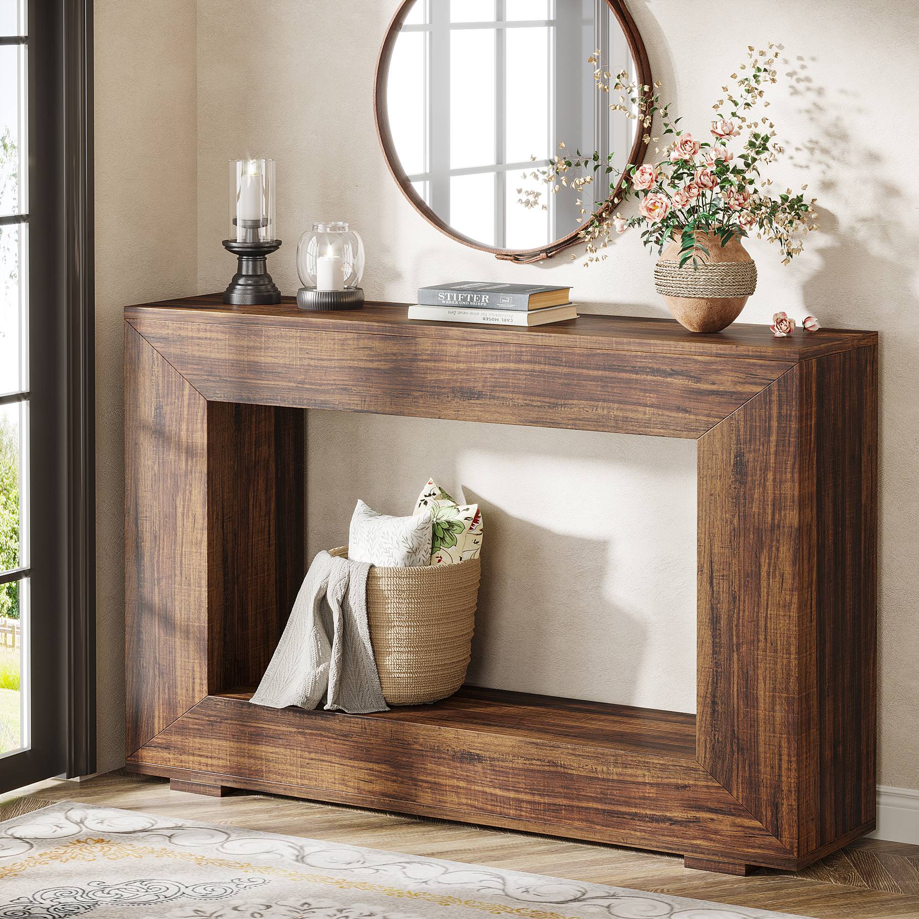 Stolik konsolowy 120 cm w stylu farmhouse – stolik do przedpokoju z miejscem do przechowywania